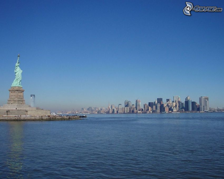 Estatua de la Libertad, New York, rascacielos, mar