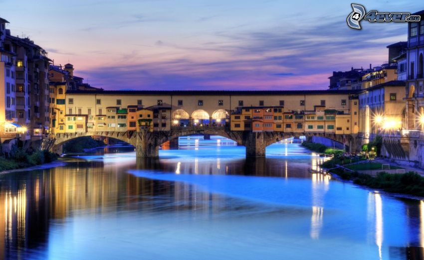 Florencia, Ciudad al atardecer, río, puente, iluminación