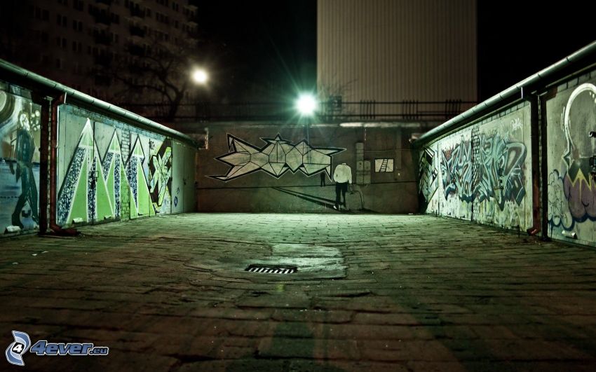 grafiti, pared, noche