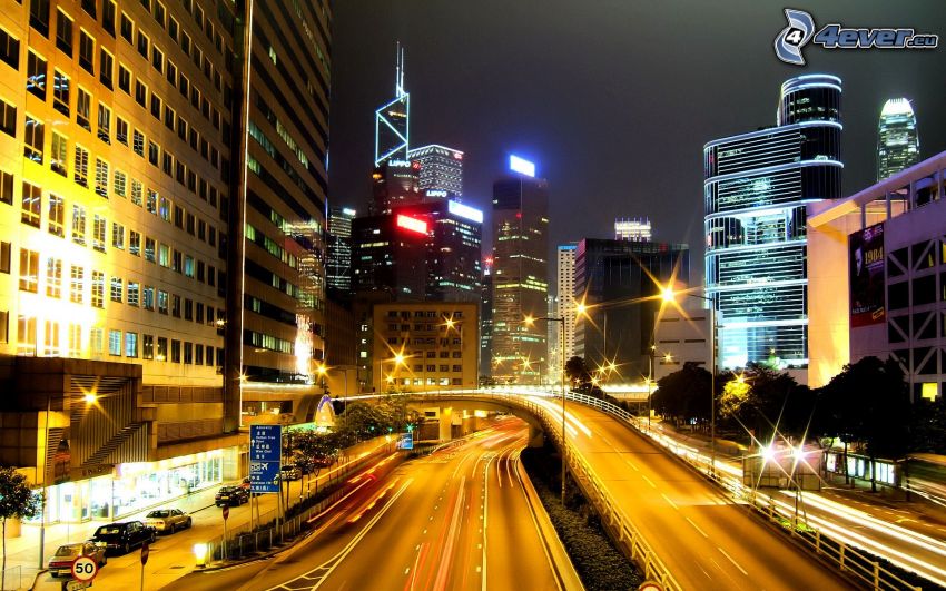 Hong Kong, carretera de noche, ciudad de noche