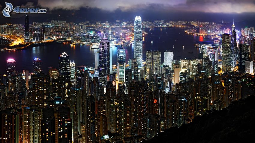 Hong Kong, ciudad de noche, rascacielos