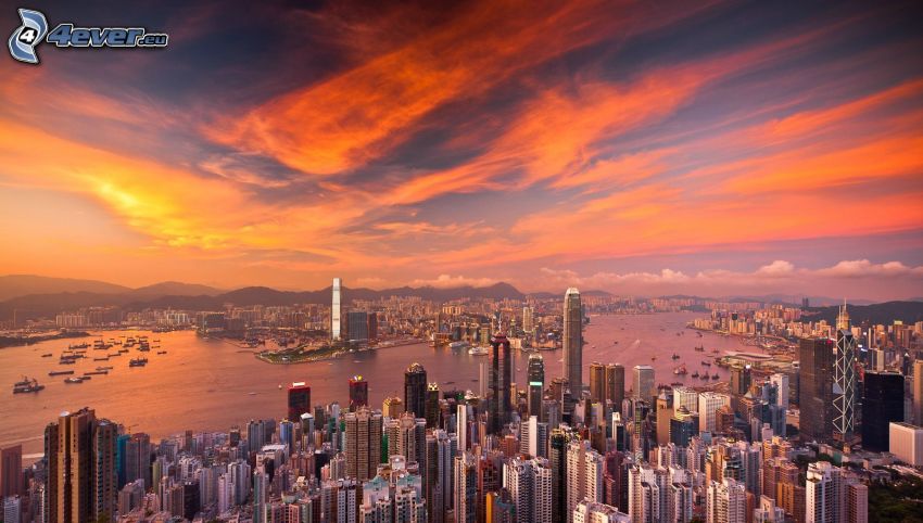 Hong Kong, rascacielos, Ciudad al atardecer
