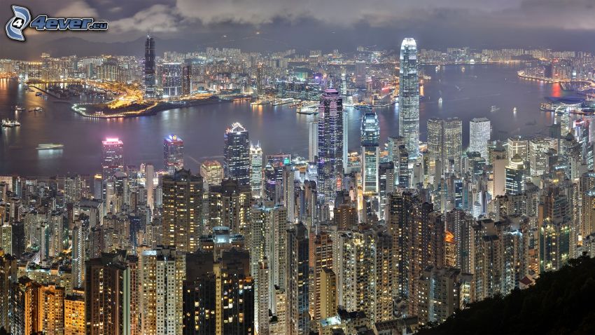 Hong Kong, rascacielos, ciudad de noche