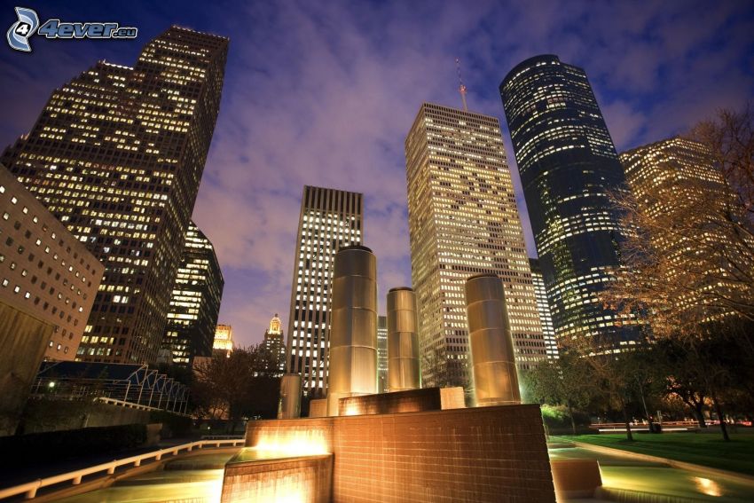 Houston, rascacielos, ciudad de noche