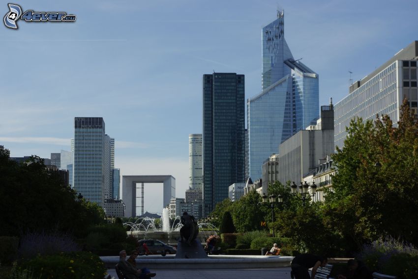 La Défense, rascacielos, árboles, París