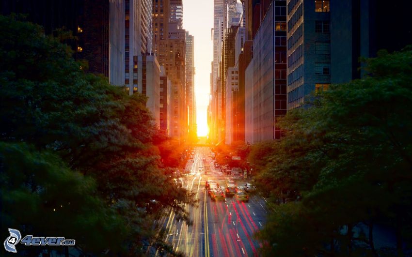 Manhattan, calle, New York, puesta de sol en la ciudad