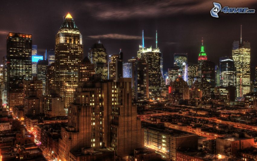 Manhattan, ciudad de noche, rascacielos, HDR