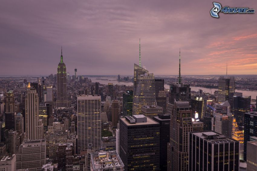 Manhattan, New York, rascacielos, Ciudad al atardecer