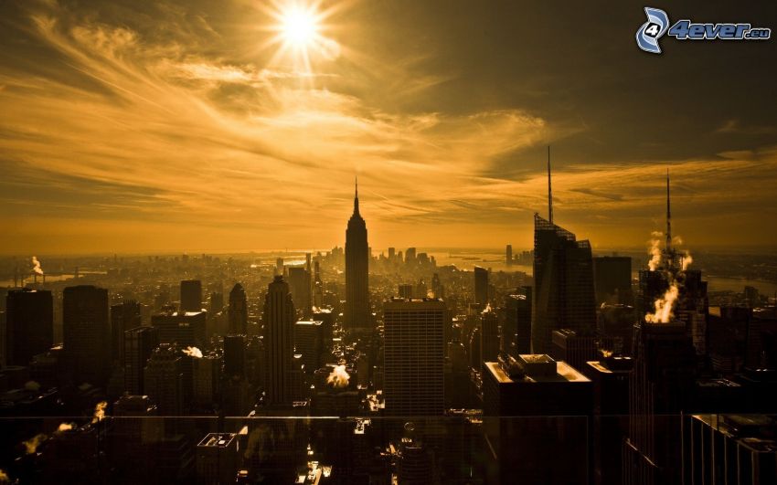 Manhattan, New York, rascacielos, Empire State Building, sol, Ciudad al atardecer