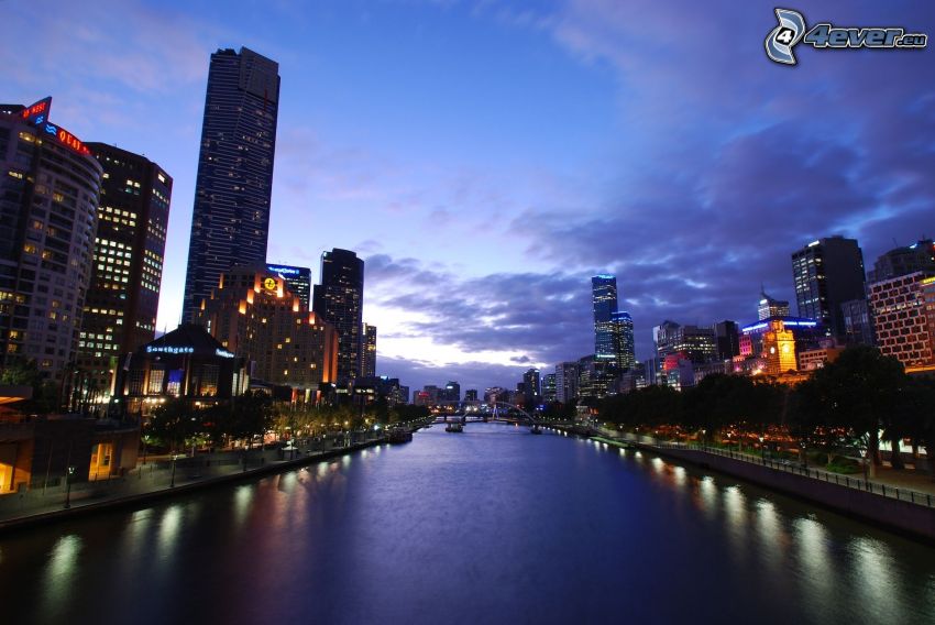 Melbourne, Ciudad al atardecer, río, rascacielos, edificios