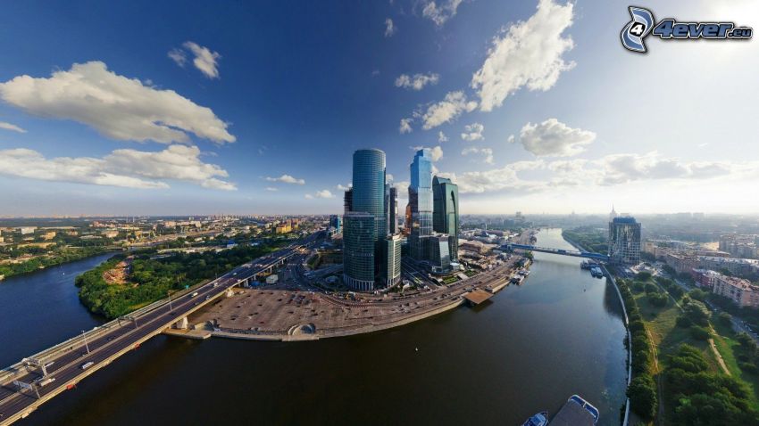 Moscú, rascacielos, puentes, río