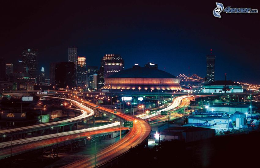New Orleans, ciudad de noche, carretera en noche, luces