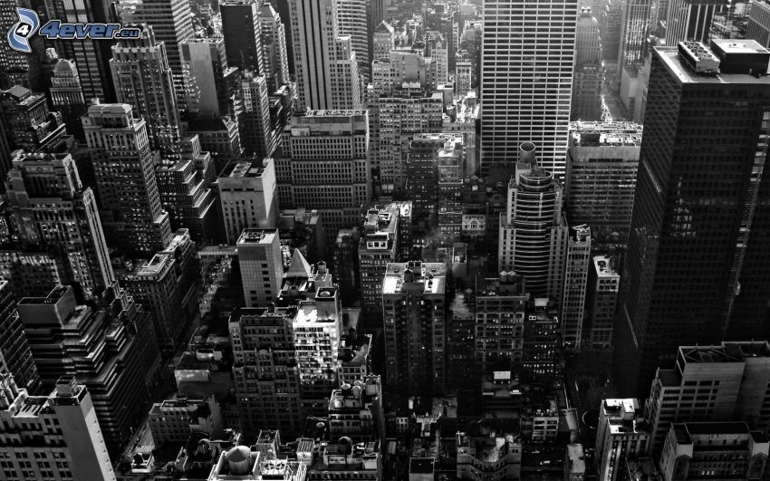 New York, vistas a la ciudad, rascacielos, blanco y negro