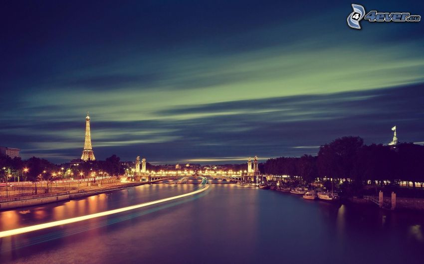 París, Torre Eiffel, ciudad de noche, Río Sena