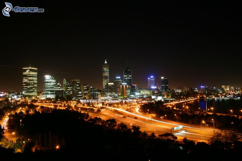 Perth, rascacielos, ciudad de noche