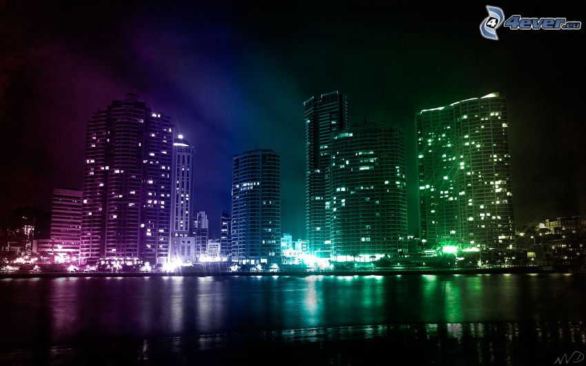 rascacielos, noche, iluminación de colores