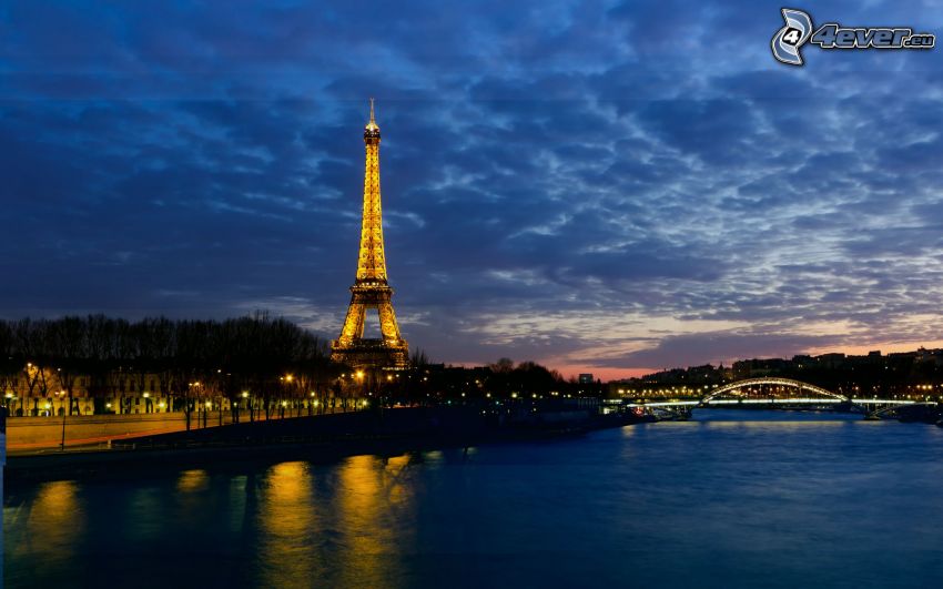 Torre Eiffel, Río Sena, río, ciudad de noche, puente iluminado