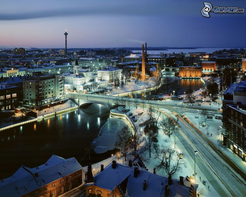 vistas a la ciudad, atardecer, nieve, río, Finlandia