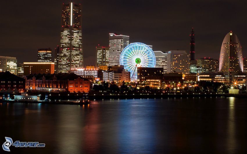 Yokohama, rueda de la fortuna, ciudad de noche