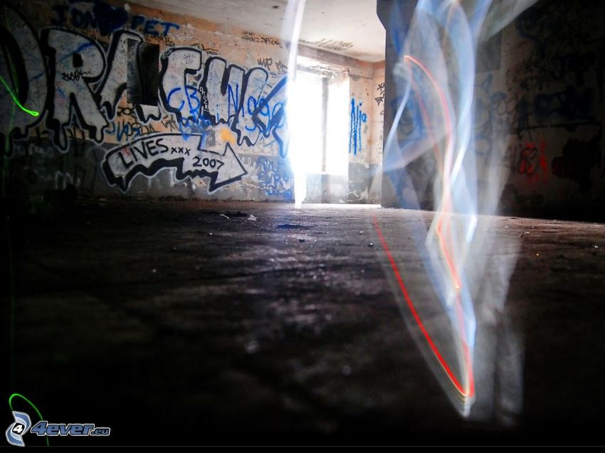 edificio abandonado, grafiti, humo, interior