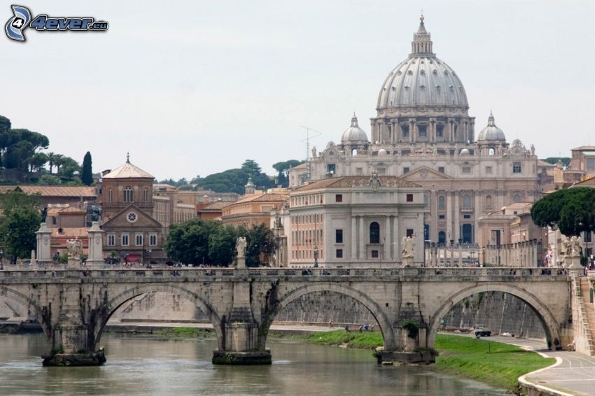 Basílica de San Pedro, templo, Roma, Italia, puente, río, casas