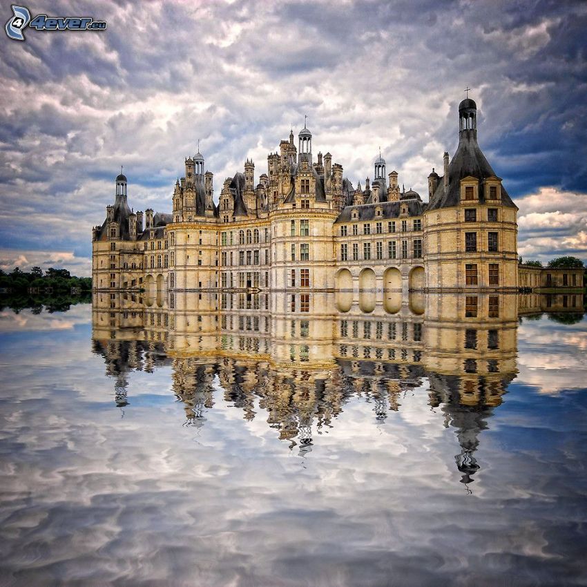 Castillo de Chambord, Cosson, agua, reflejo, nubes