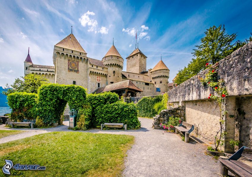 Castillo de Chillon, acera, HDR, bancos