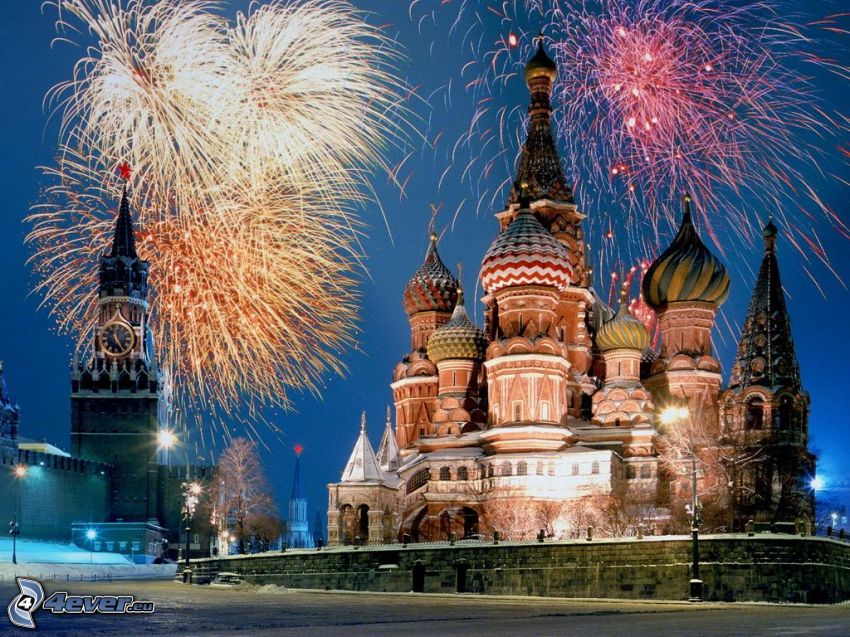 Catedral de San Basilio, Moscú, fuegos artificiales, Kremlin, Año Nuevo