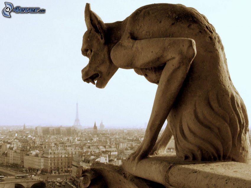 estatua, vistas a la ciudad, París, sepia
