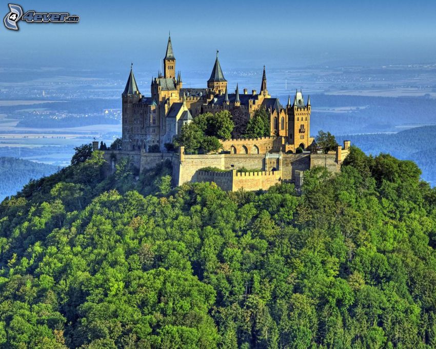 Hohenzollern, castillo, Alemania, colina, árboles, vista del paisaje