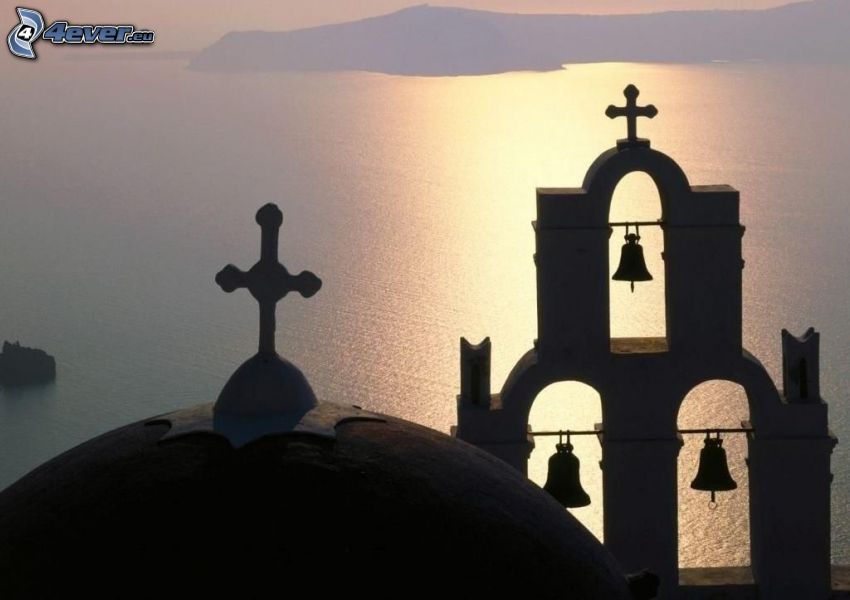 silueta de la iglesia, campanas, mar, Grecia, niebla