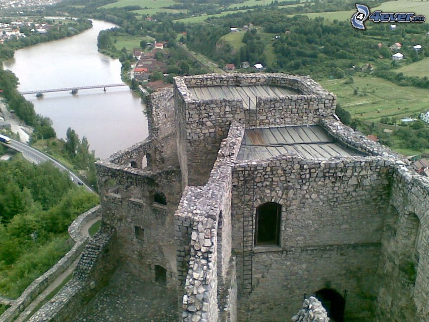 Strečno, castillo, ruinas, Río Váh, río, puente, vista