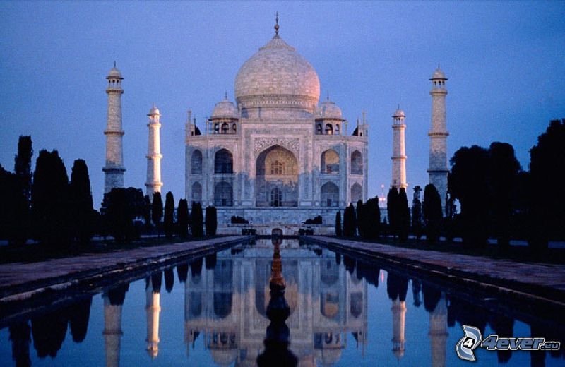 Taj Mahal, agua, arboleda, reflejo