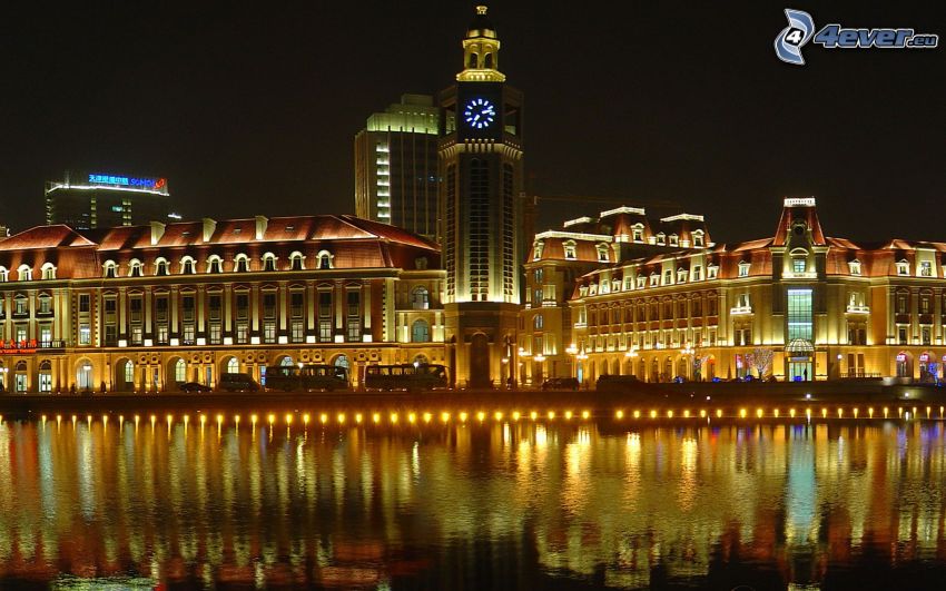 Tianjin, China, noche, iluminación, río