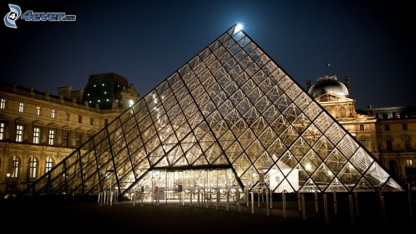 Louvre, París, Francia, Pirámide de Cristal, atardecer, iluminación