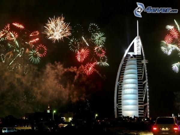 Burj Al Arab, Dubái, fuegos artificiales, hotel, Año Nuevo