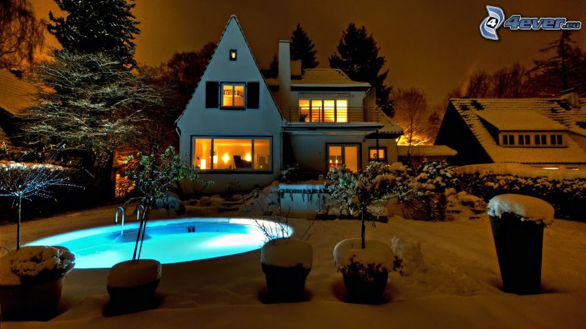 casa, piscina, nieve, atardecer