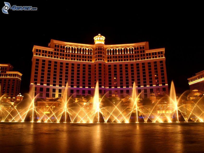hotel Bellagio, Las Vegas, fuente, ciudad de noche