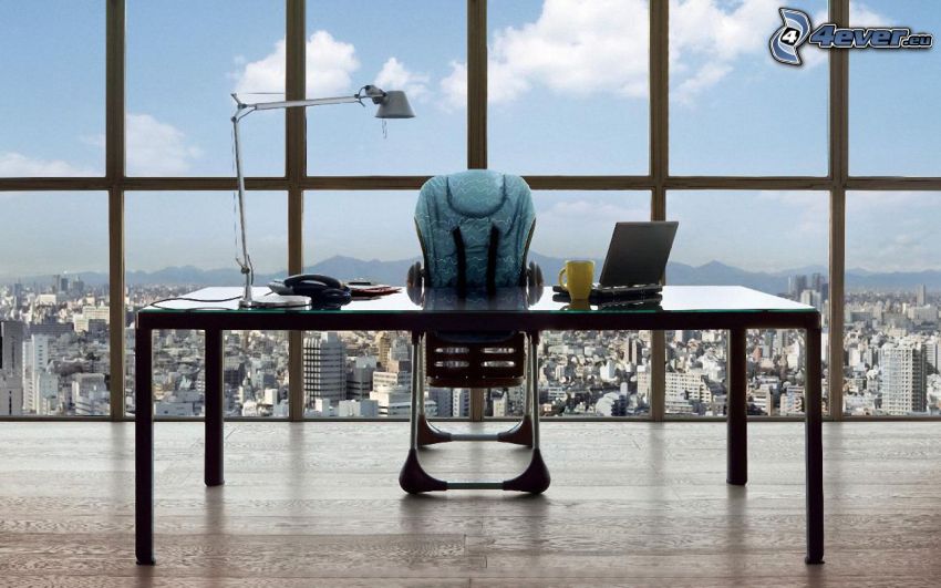 oficina, mesa de trabajo, silla para niños, notebook, taza, teléfono, lámpara, ventana, vistas a la ciudad