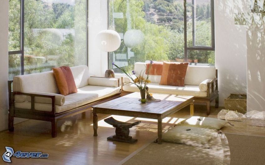 salón, sofá, mesa, ventana