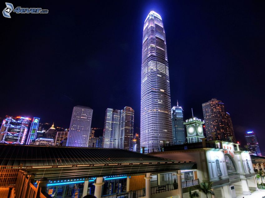 Two International Finance Centre, Hong Kong, rascacielos, ciudad de noche
