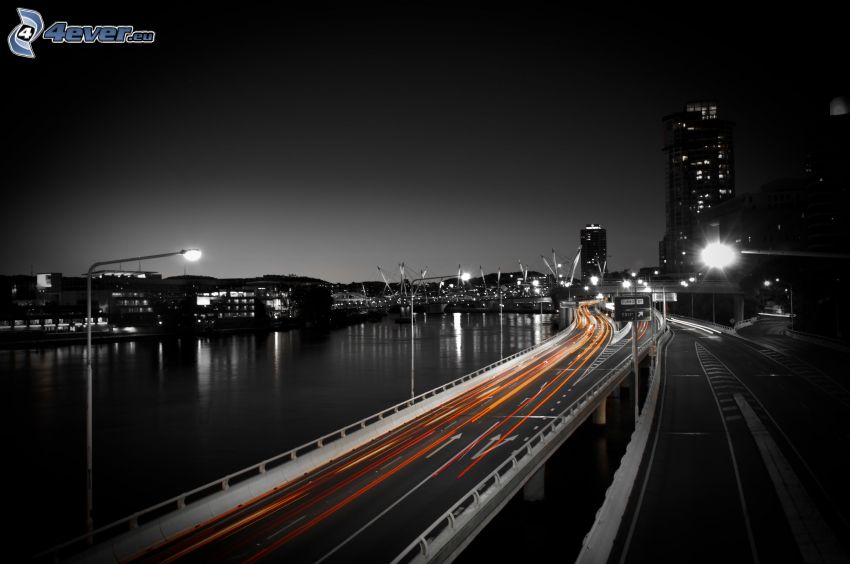 Autopista puente, luces, ciudad de noche