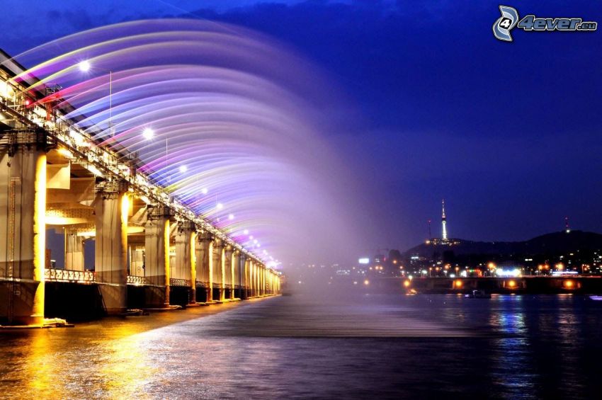 Banpo Bridge, puente iluminado, ciudad de noche, colores