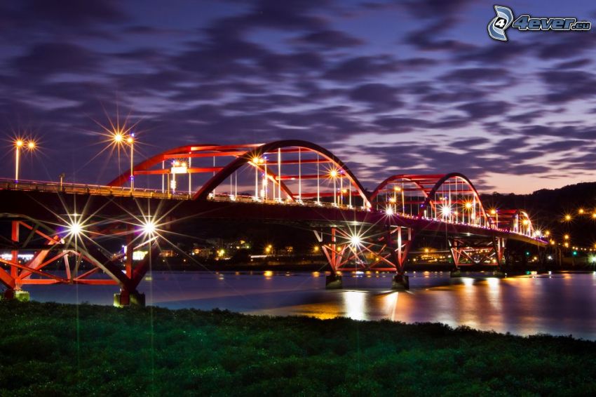 Guandu Bridge, puente iluminado, ciudad de noche