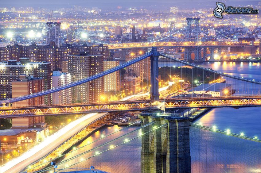 Manhattan Bridge, New York, puente iluminado, Ciudad al atardecer, HDR