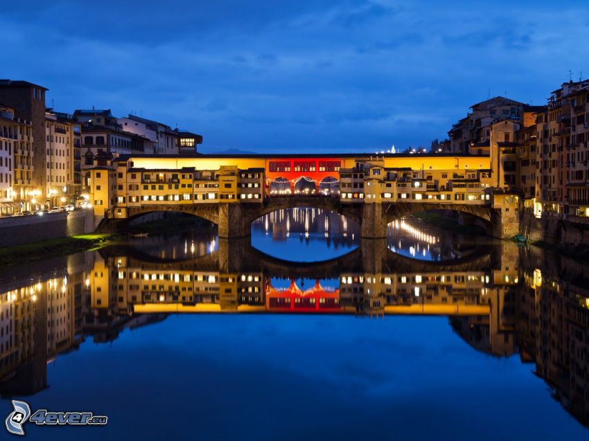 Ponte Vecchio, Florencia, noche, Ciudad al atardecer, Arno, río, puente