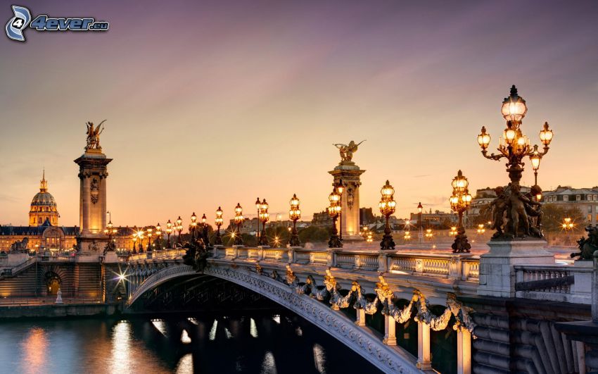 puente, París, Francia, atardecer, iluminación, HDR