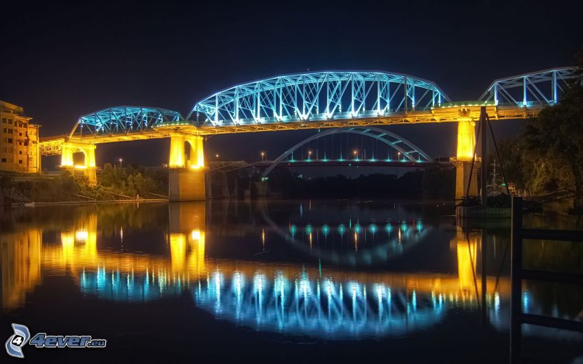 puente iluminado, reflejo, río