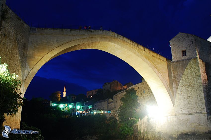 Stari Most, noche, Neretva, Mostar