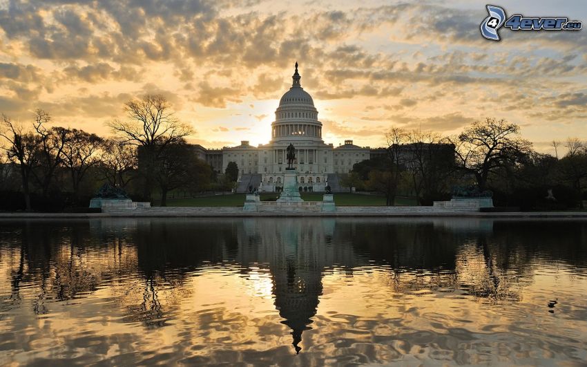The Capitol, Washington DC, USA, agua, puesta del sol